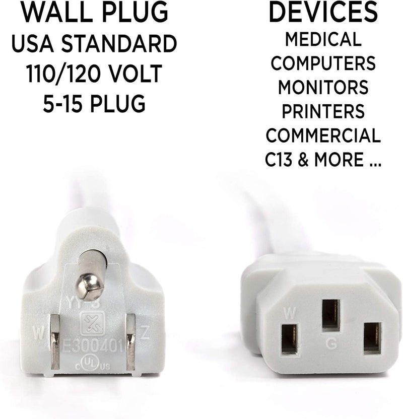 AC Power Cord (3 Prong) - 5 Feet (1.5 Meter), White - Premium Quality Copper Wire Core - Computer, Medical, Server & Desktop - NEMA 5-15 to C13 / IEC 320 - UL Listed Power Cable