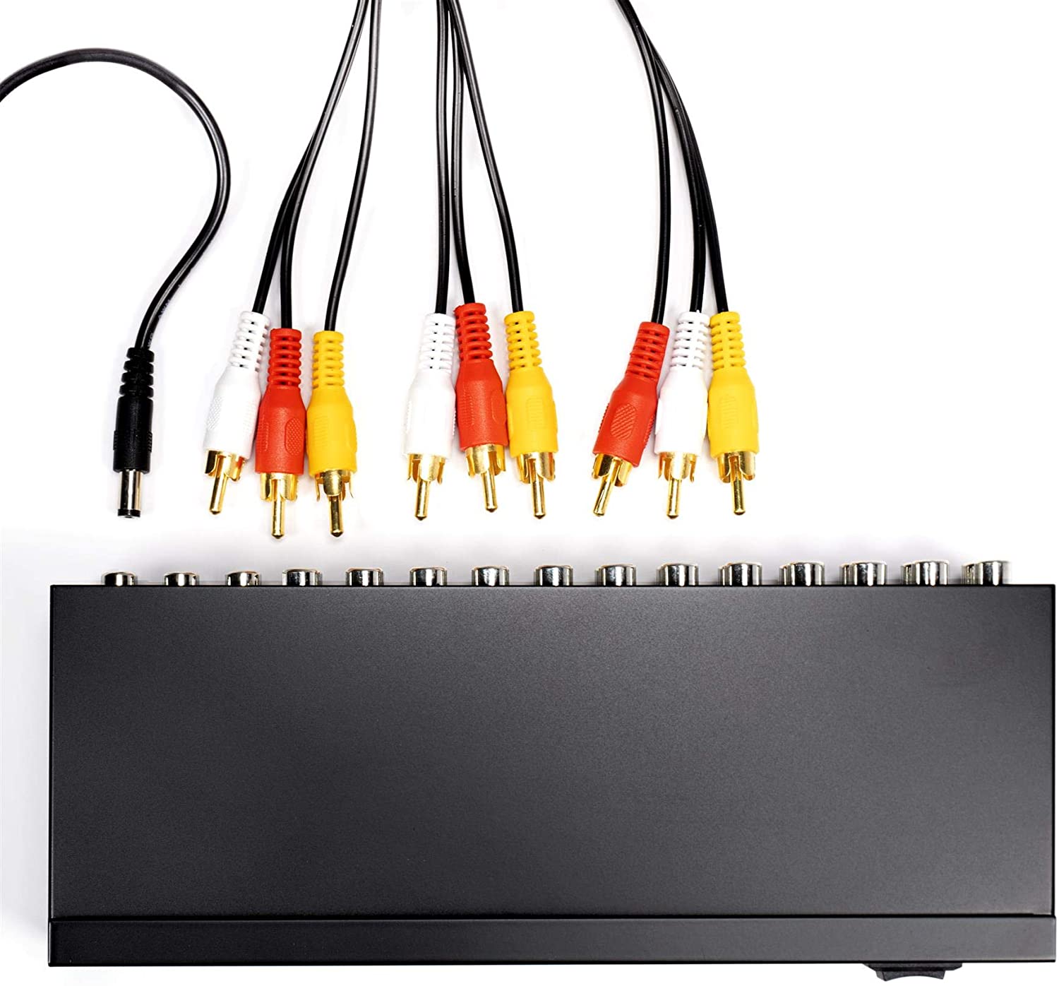 RCA Audio Video Splitter with Composite Cable - 8 Way AV Switch Box for TV, DVR, DVD, VCR, Gaming, Speakers, and More - 1 Input and 8 Output