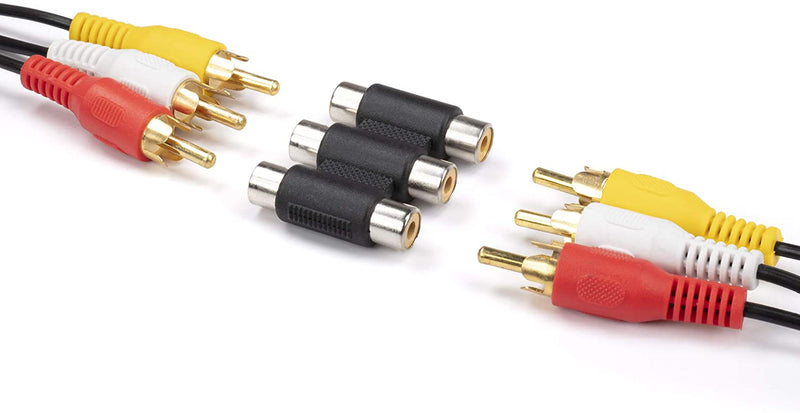 Triple RCA Coupler, Barrel Connector - 4 Pack - 3-Way (6 Port), Audio and Video Female to Female RCA to RCA Adapter