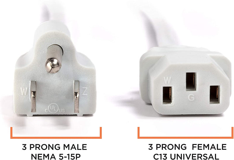 AC Power Cord (3 Prong) - 12 Feet (3.6 Meter), White - Premium Quality Copper Wire Core - Computer, Medical, Server & Desktop - NEMA 5-15 to C13 / IEC 320 - UL Listed Power Cable
