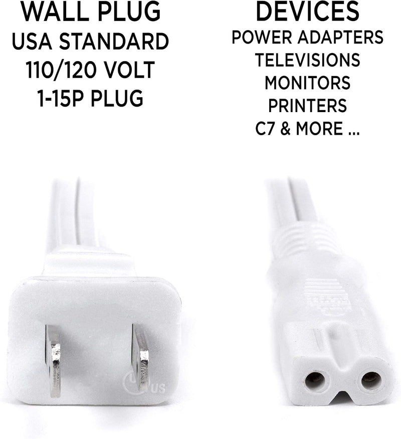 Polarized 2 Prong Power Cord with Copper Wire Core - (Square/Round) for Satellite, CATV, Game Systems, and More -  NEMA 1-15P to C7 C8 / IEC320 - UL Listed - White, 4 Feet (1.2 Meter) Power Cable