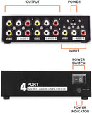 RCA Audio Video Splitter with Composite Cable - 4 Way AV Switch Box for TV, DVR, DVD, VCR, Gaming, Speakers, and More - 1 Input and 4 Output