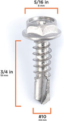 #10 Size, 3/4" Length (19mm) - Self Tapping Screw - Self Drilling Screw - 410 Stainless Steel Screws = Exceptional Wear and Very Corrosion Resistant) - Hex and Phillips Head - 100pcs