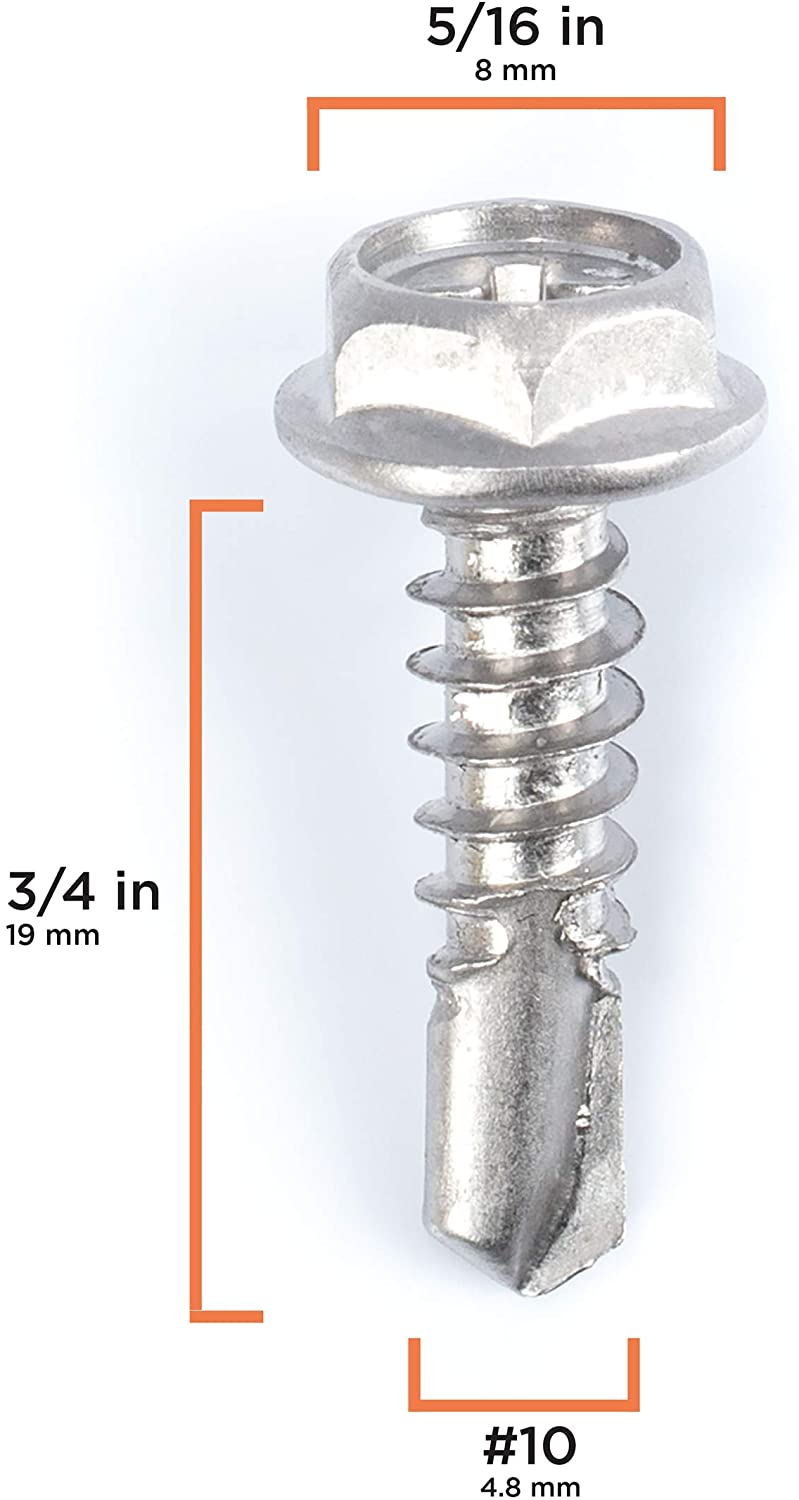 #10 Size, 3/4" Length (19mm) - Self Tapping Screw - Self Drilling Screw - 410 Stainless Steel Screws = Exceptional Wear and Very Corrosion Resistant) - Hex and Phillips Head - 100pcs