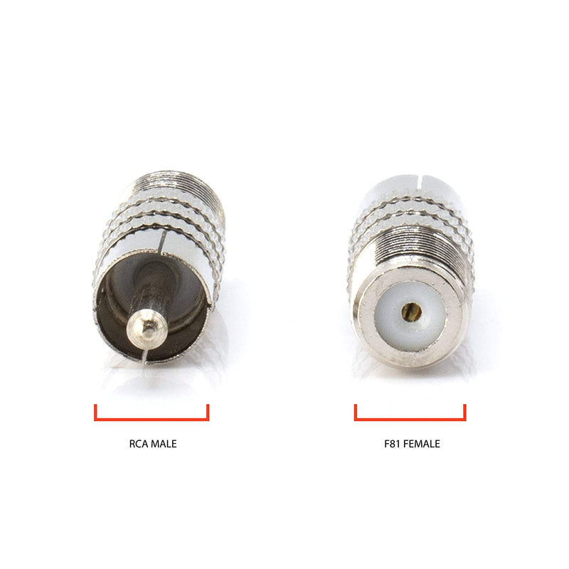 RF (F81) and RCA Coaxial Adapter - RCA Male to Female F81 (F-Pin) Connector, Adapter, Coupler, and Converter - For RG11, RG6, RG59, RG58, SDI, HD SDI, CCTV - 100 Pack