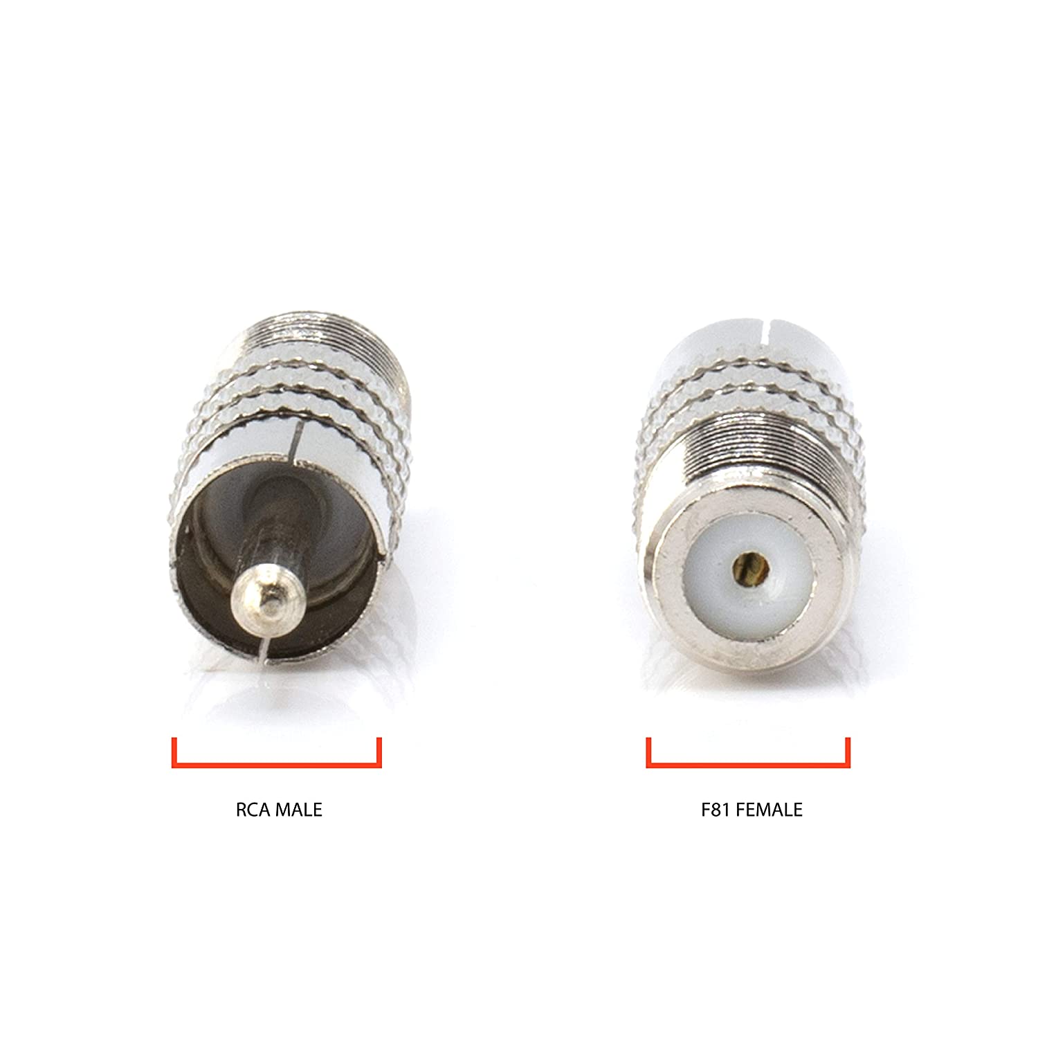 RF (F81) and RCA Coaxial Adapter - RCA Male to Female F81 (F-Pin) Connector, Adapter, Coupler, and Converter - For RG11, RG6, RG59, RG58, SDI, HD SDI, CCTV - 25 Pack