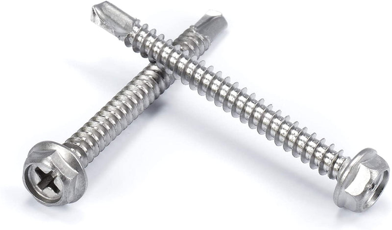 #10 Size, 2" Length (51mm) - Self Tapping Screw -- Self Drilling Screw - 410 Stainless Steel Screws = Exceptional Wear and Very Corrosion Resistant) - Hex and Phillips Head - 100pcs