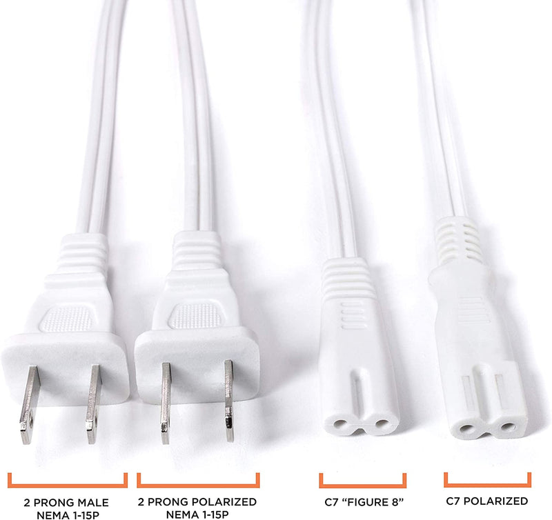 2 Slot Power Cord Two Pack - Includes Both Types: Polarized (Squared End) and Non-Polarized (Figure 8 End) - NEMA 1-15P to C7 C8 UL Listed - 18 AWG, 10 Amps, 125 Volts - 6 Feet (1.8 Meter), White