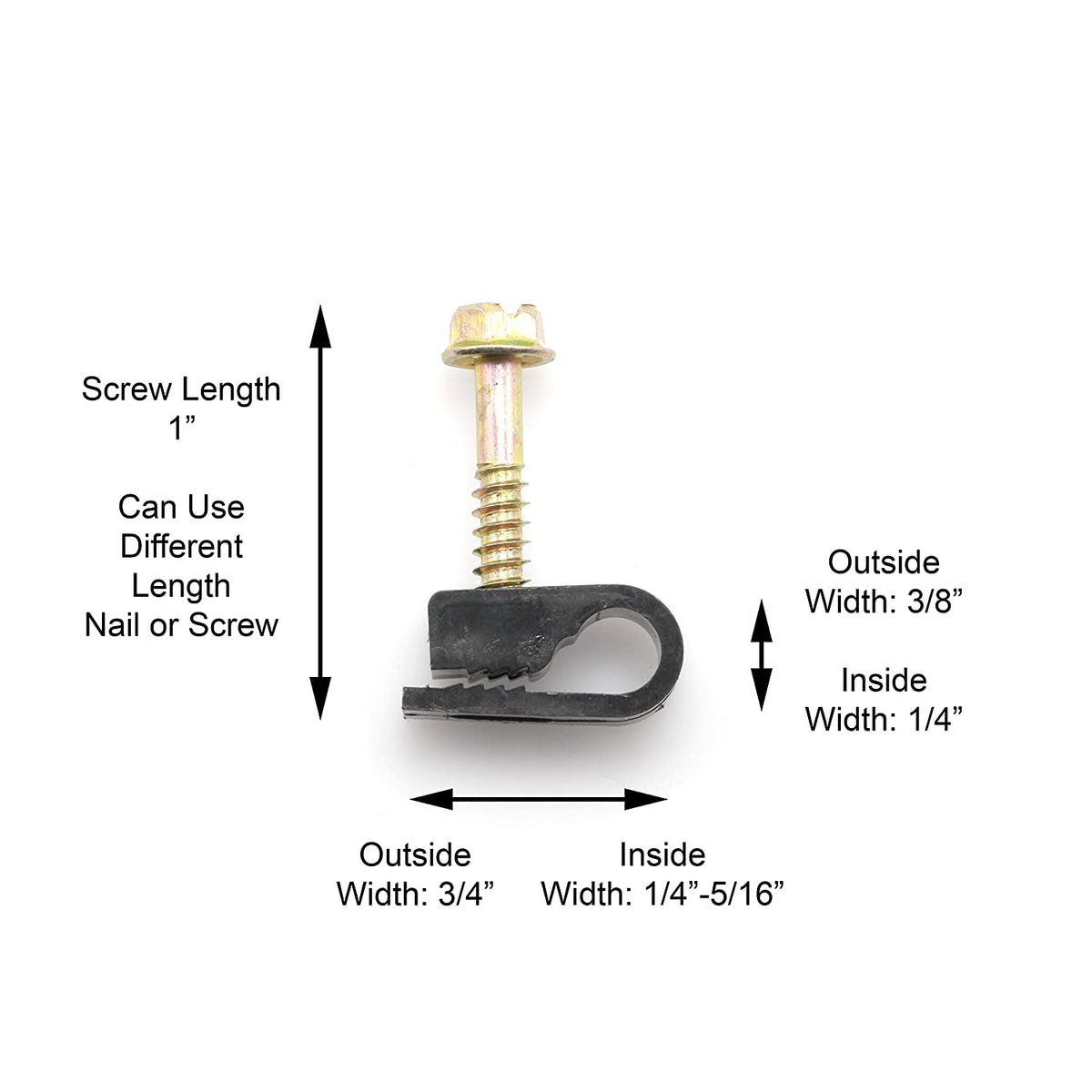 THE CIMPLE CO - Single Coaxial Cable Clips, Cat6, Electrical Wire Cable Clip, 1/4 in (6 mm) Screw Clip and Fastener, Black (10 pieces per bag)