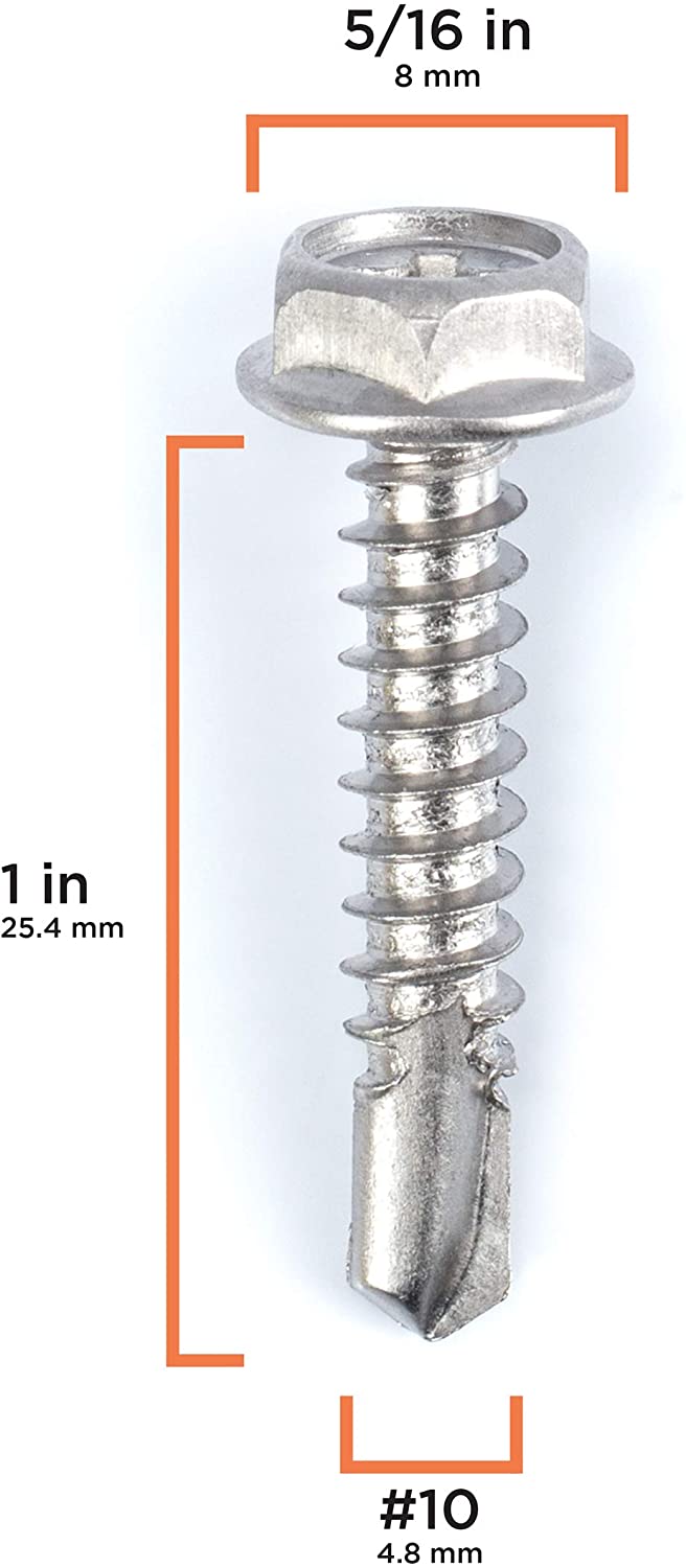 #10 Size, 1" Length (25mm) - Self Tapping Screw -- Self Drilling Screw - 410 Stainless Steel Screws = Exceptional Wear and Very Corrosion Resistant) - Hex and Phillips Head - 100pcs