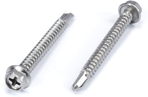 #12 Size, 2" Length (51mm) - Self Tapping Screw -- Self Drilling Screw - 410 Stainless Steel Screws = Exceptional Wear and Very Corrosion Resistant) - Hex and Phillips Head - 100pcs
