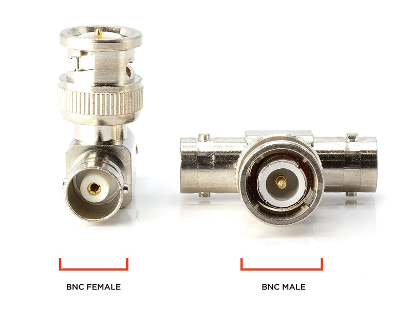 BNC T Adapter - T-Shaped Coax Splitter - 1 Male Port to 2 Female Ports, Coaxial Cable Extension - 4 Pack