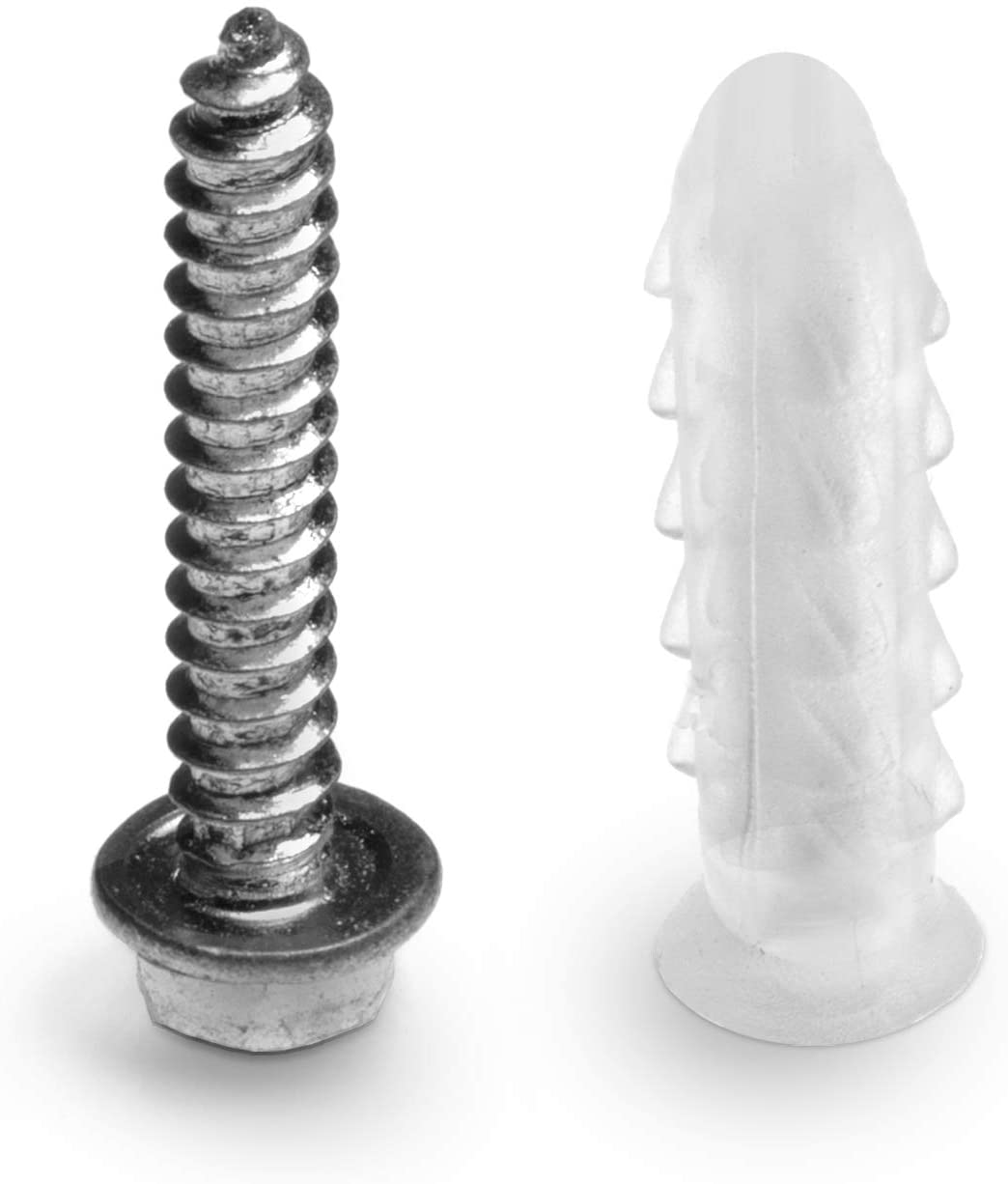 Ribbed Plastic Conical Anchors and Screws - For Concrete, Stucco, Brick, Drywall, and Similar - Kit of 50 Screws, and 50 Anchors
