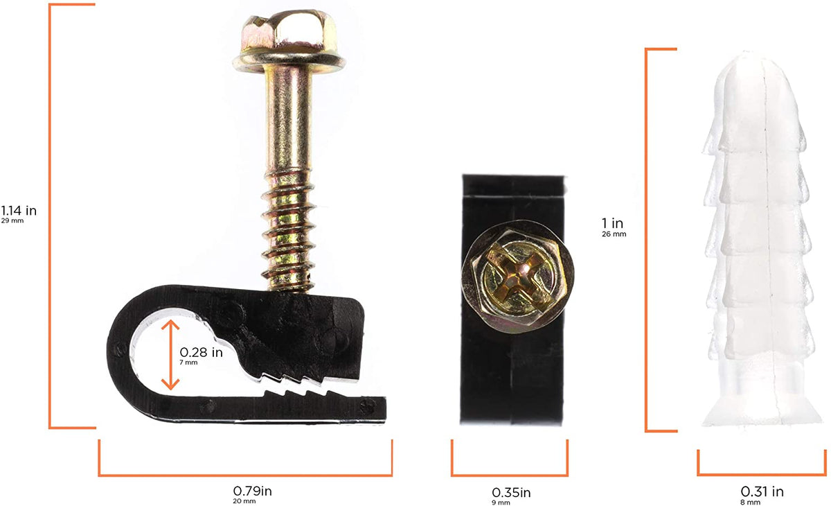 Ribbed Plastic Conical Anchors and Black Cable Screw Clips - For Concrete, Stucco, Brick, Drywall, and Similar - Kit of 50 Screw Clips, and 50 Anchors