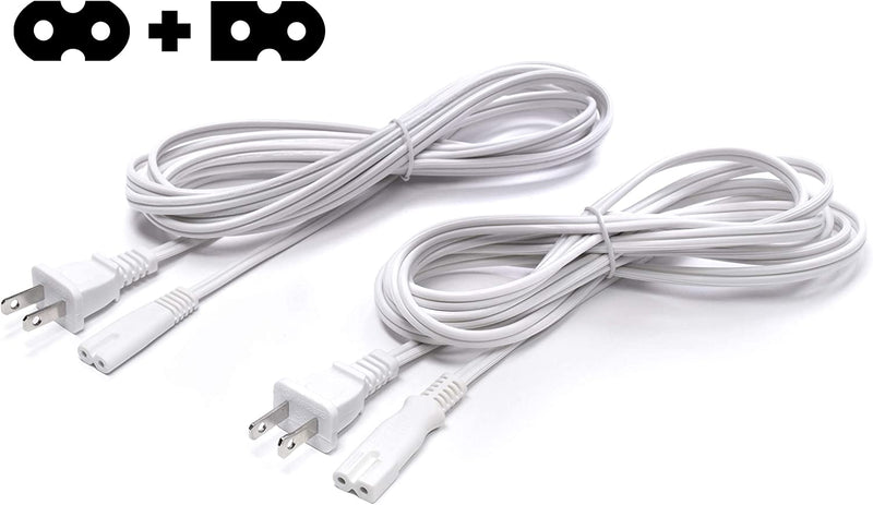 2 Slot Power Cord Two Pack - Includes Both Types: Polarized (Squared End) and Non-Polarized (Figure 8 End) - NEMA 1-15P to C7 C8 UL Listed - 18 AWG, 10 Amps, 125 Volts - 15 Feet (4.5 Meter), White