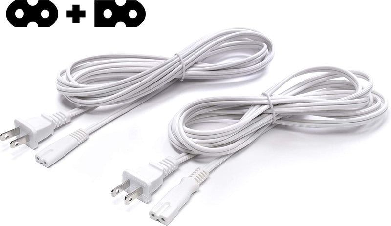 2 Slot Power Cord Two Pack - Includes Both Types: Polarized (Squared End) and Non-Polarized (Figure 8 End) - NEMA 1-15P to C7 C8 UL Listed - 18 AWG, 10 Amps, 125 Volts - 6 Feet (1.8 Meter), White