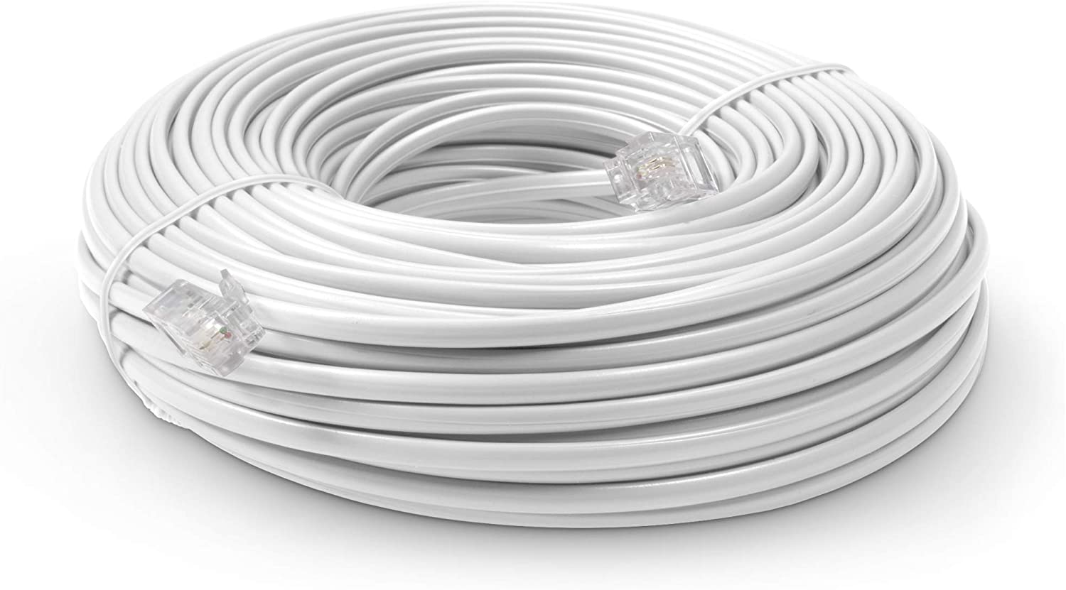 Phone Line Cord 100 Feet - Modular Telephone Extension Cord 100 Feet - 2 Conductor (2 pin, 1 line) cable - Works great with FAX, AIO, and other machines - White