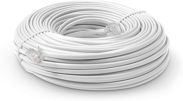 Phone Line Cord 100 Feet - Modular Telephone Extension Cord 100 Feet - 2 Conductor (2 pin, 1 line) cable - Works great with FAX, AIO, and other machines - White