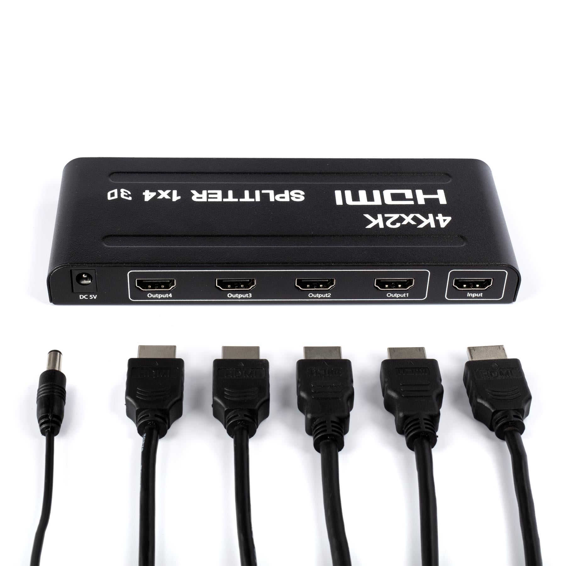 HD 1X4 HDMI Splitter Powered Kit - 4 Port Hub 1 in 4 Out - 4 HDMI Powered Splitter Box - 1080P, 2K, 3D, 4K, UHD, HDCP, YUV, HDR - Quad Monitor - Includes 4K and UHD - and HDMI Cable