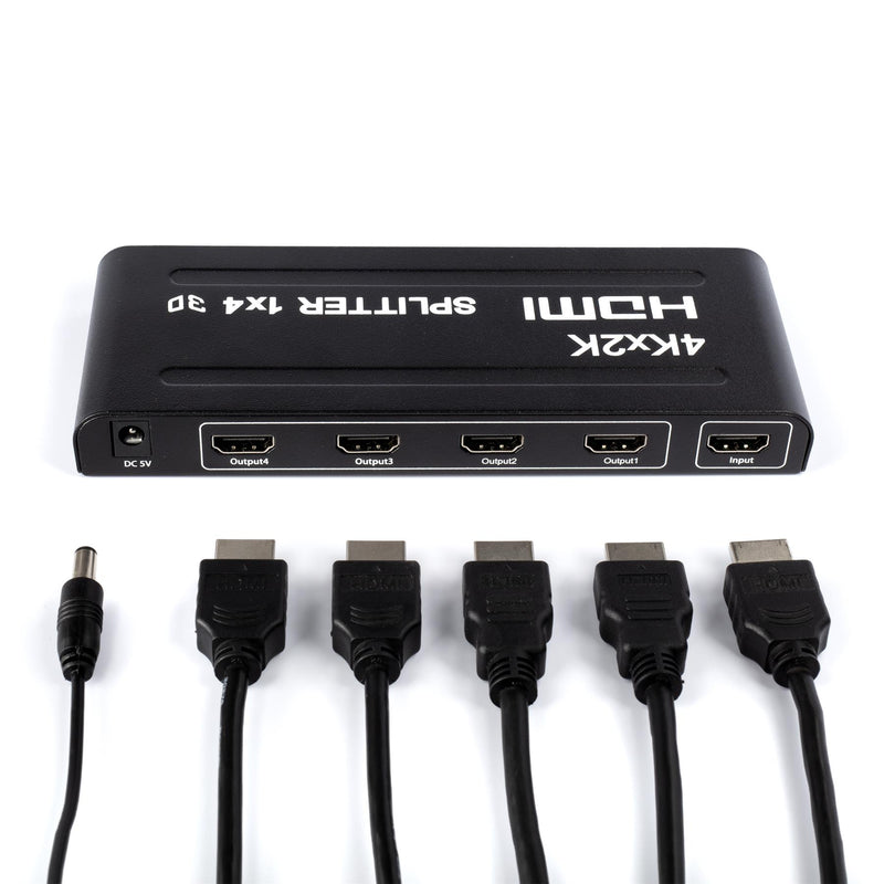 HD 1X4 HDMI Splitter Powered Kit - 4 Port Hub 1 in 4 Out - 4 HDMI Powered Splitter Box - 1080P, 2K, 3D, 4K, UHD, HDCP, YUV, HDR - Quad Monitor - Includes 4K and UHD - and HDMI Cable