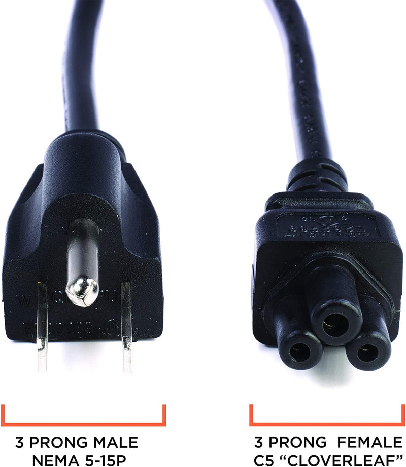 AC Power Cord (3 Prong) - Black, 6 Feet (1.8 Meter) - Premium Quality Copper Wire Core - Mouse Style for Laptops, Computers, & Power Supplies - NEMA 5-15P to C5 / IEC 320 - UL Listed