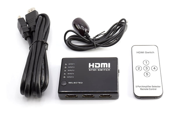5 Port HDMI Switcher - Intelligent 5 Port 5x1 High Speed HDMI Switch with IR Wireless Remote, Power Adapter and HDMI Cable - 4K 3D 1080P (Black)