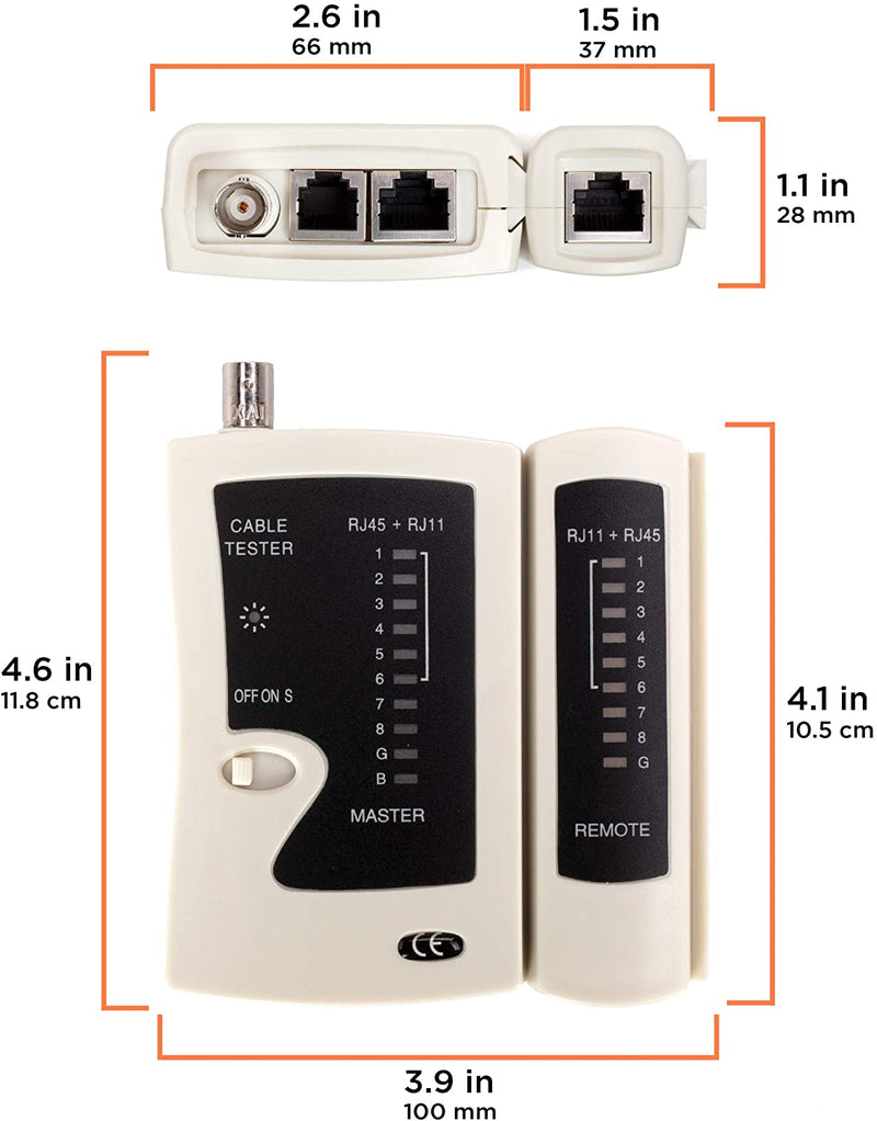 Universal Network Cable Tester Tool, BNC, RJ45, RJ11 (3-in-1) Multi-Tester White