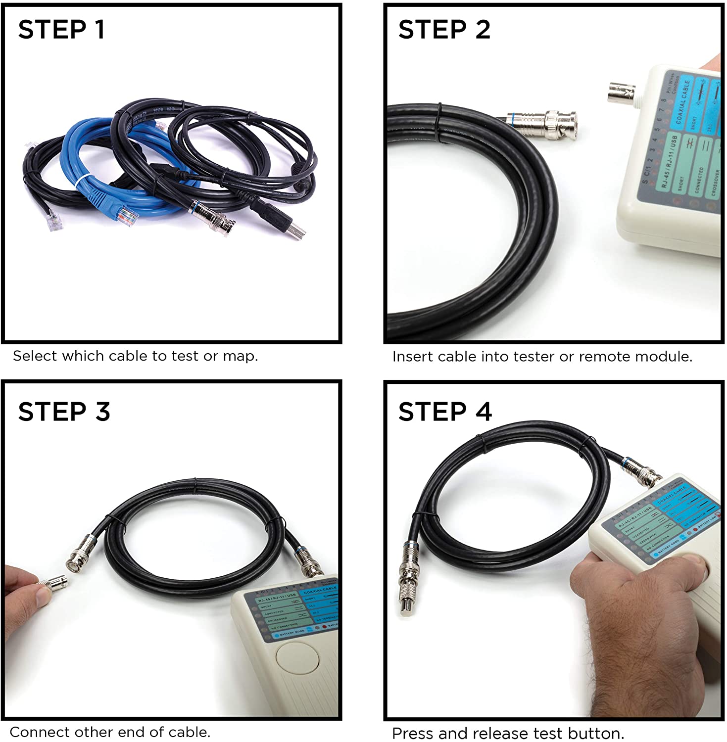 Universal Network Cable Tester Tool - BNC, RJ45, RJ11, USB 4-in-1 Wire Multi-Tester