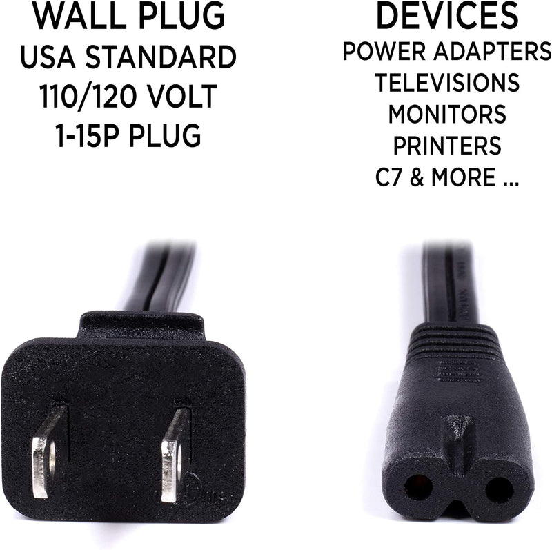 Figure 8 Power Cord (2 Prong) with Copper Wire Core - Non Polarized for Satellite, CATV, Game Systems, and More - NEMA 1-15P to C7 C8 / IEC 320 - UL Listed - Black, 15 Feet (4.5 Meter) Power Cable