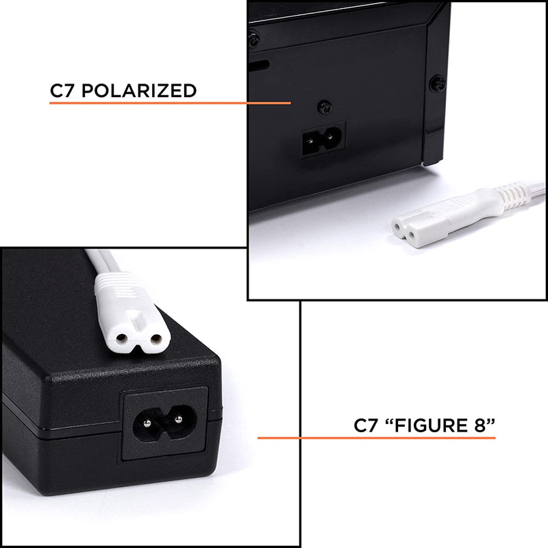 2 Slot Power Cord Two Pack - Includes Both Types: Polarized (Squared End) and Non-Polarized (Figure 8 End) - NEMA 1-15P to C7 C8 UL Listed - 18 AWG, 10 Amps, 125 Volts - 6 Feet (1.8 Meter), White