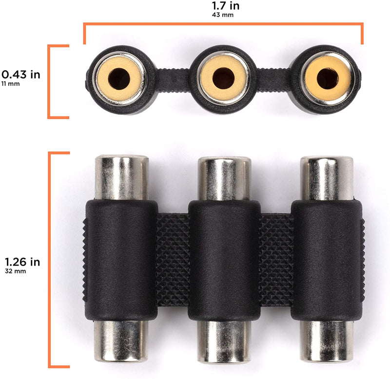 Triple RCA Coupler, Barrel Connector - 10 Pack - 3-Way (6 Port), Audio and Video Female to Female RCA to RCA Adapter