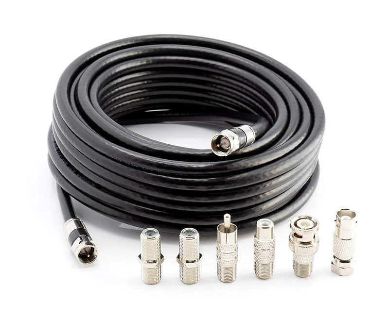 Digital Coaxial Cable Kit with Universal Ends -RG6 Coax Cable and six (6) Piece Adapter Kit includes Male Female RCA BNC F81, and Barrel Connectors - Black, 35 Feet