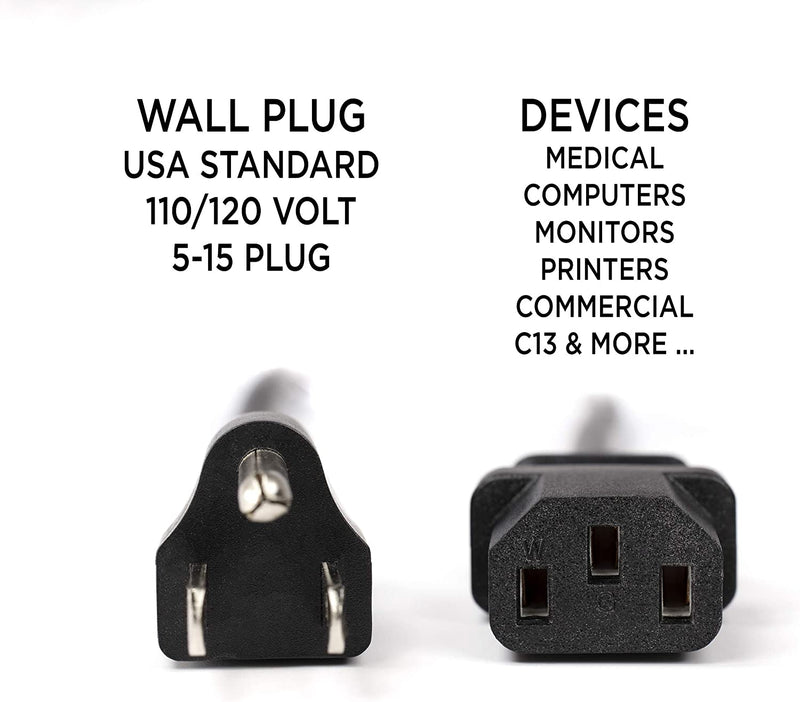 AC Power Cord (3 Prong) - 15 Feet (4.5 Meter), Black - Premium Quality Copper Wire Core - Computer, Medical, Server & Desktop - NEMA 5-15 to C13 / IEC 320 - UL Listed Power Cable