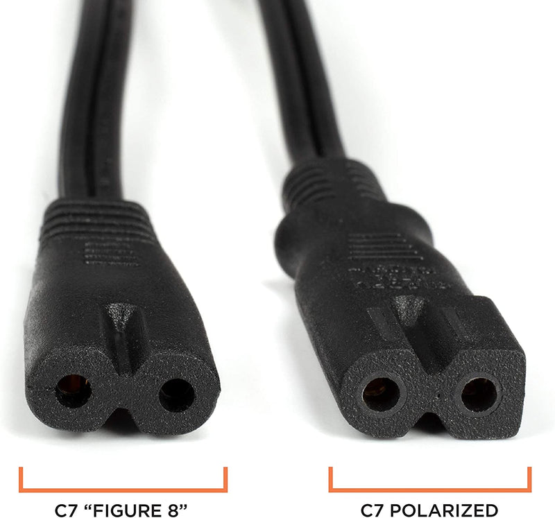 2 Slot Power Cord Two Pack - Includes Both Types: Polarized (Squared End) and Non-Polarized (Figure 8 End) - NEMA 1-15P to C7 C8 UL Listed - 18 AWG, 10 Amps, 125 Volts - 6 Feet (1.8 Meter), Black