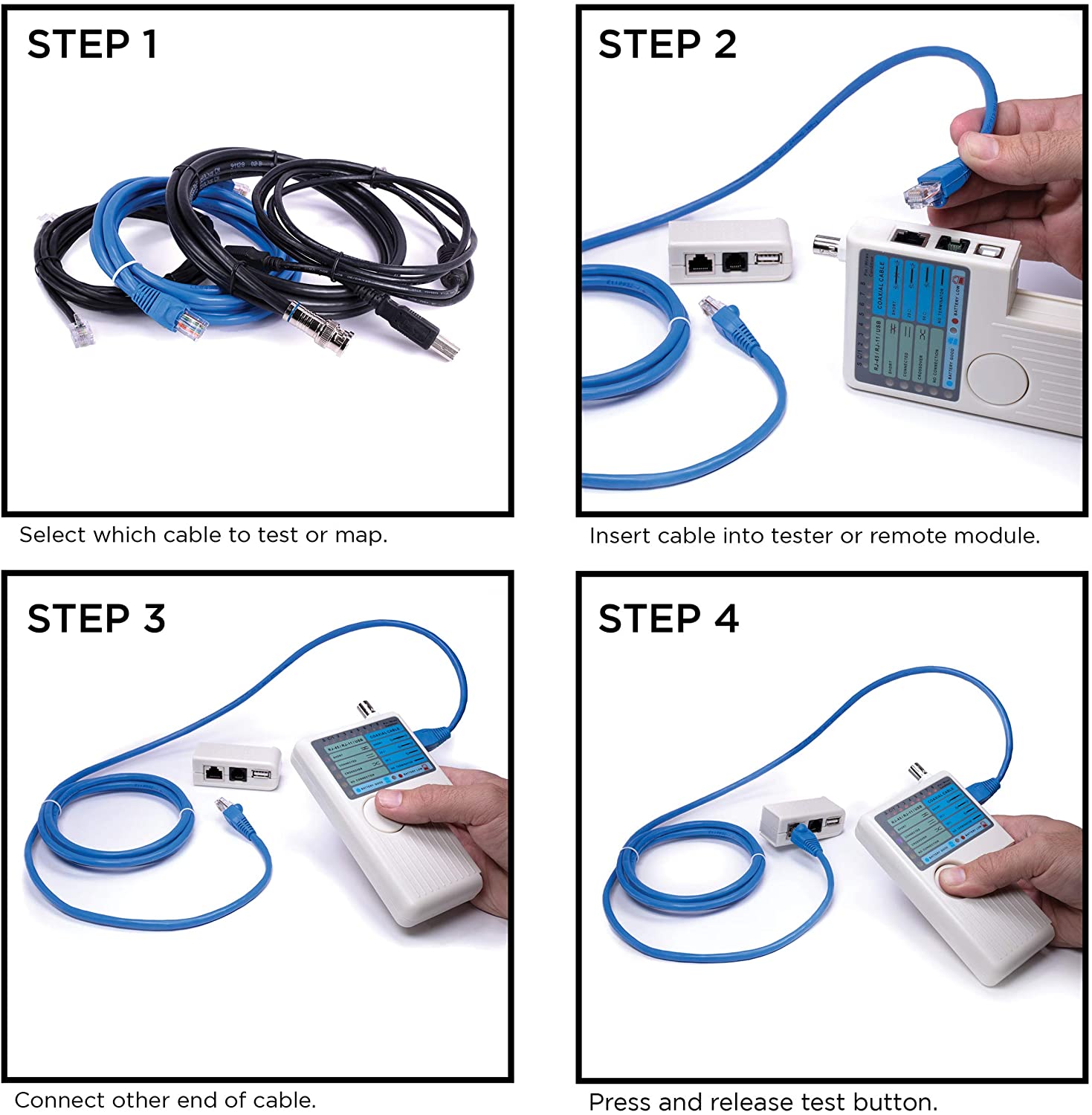 Universal Network Cable Tester Tool - BNC, RJ45, RJ11, USB 4-in-1 Wire Multi-Tester