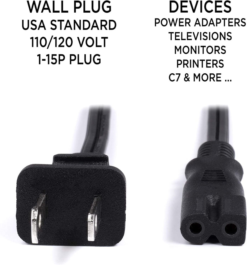 Polarized 2 Prong Power Cord with Copper Wire Core - (Square/Round) for Satellite, CATV, Game Systems, and More -  NEMA 1-15P to C7 C8 / IEC320 - UL Listed - Black, 6 Feet (1.8 Meter) Power Cable