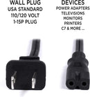 Polarized 2 Prong Power Cord with Copper Wire Core - (Square/Round) for Satellite, CATV, Game Systems, and More -  NEMA 1-15P to C7 C8 / IEC320 - UL Listed - Black, 4 Feet (1.2 Meter) Power Cable