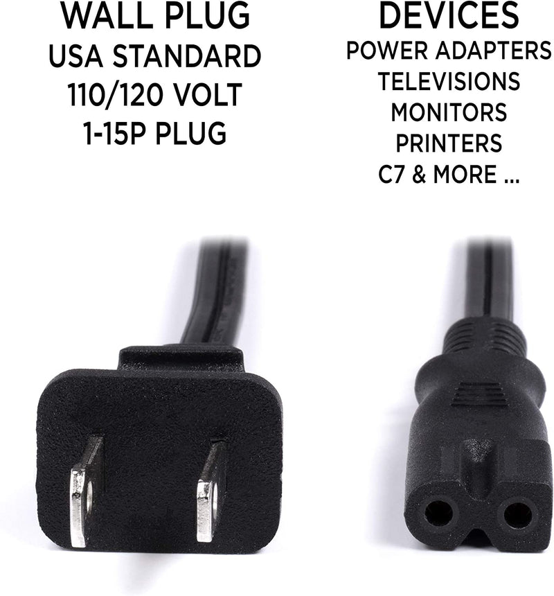 Polarized 2 Prong Power Cord with Copper Wire Core - (Square/Round) for Satellite, CATV, Game Systems, and More -  NEMA 1-15P to C7 C8 / IEC320 - UL Listed - Black, 3 Feet (0.9 Meter) Power Cable
