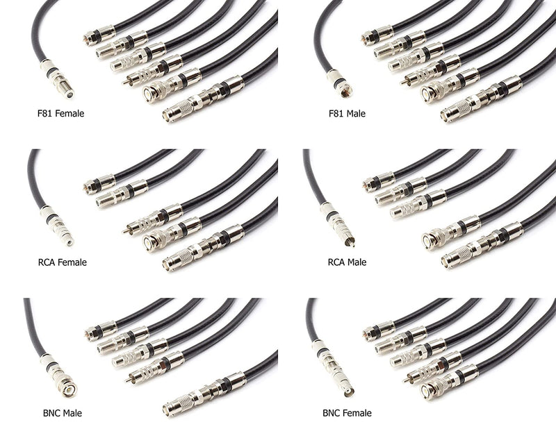 Digital Coaxial Cable Kit with Universal Ends -RG6 Coax Cable and six (6) Piece Adapter Kit includes Male Female RCA BNC F81, and Barrel Connectors - Black, 75 Feet