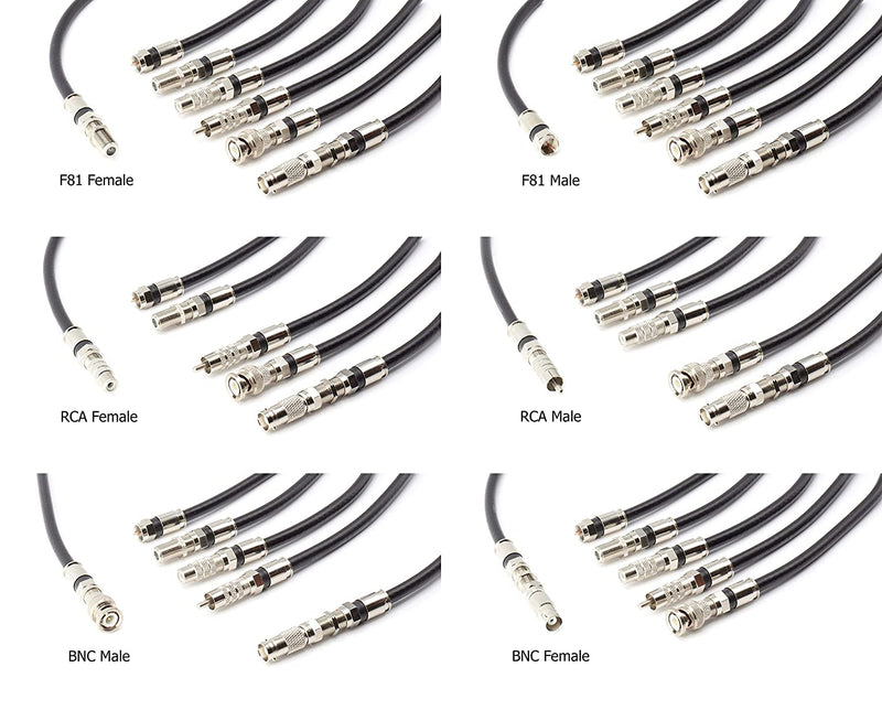 Digital Coaxial Cable Kit with Universal Ends -RG6 Coax Cable and six (6) Piece Adapter Kit includes Male Female RCA BNC F81, and Barrel Connectors - White, 3 Feet