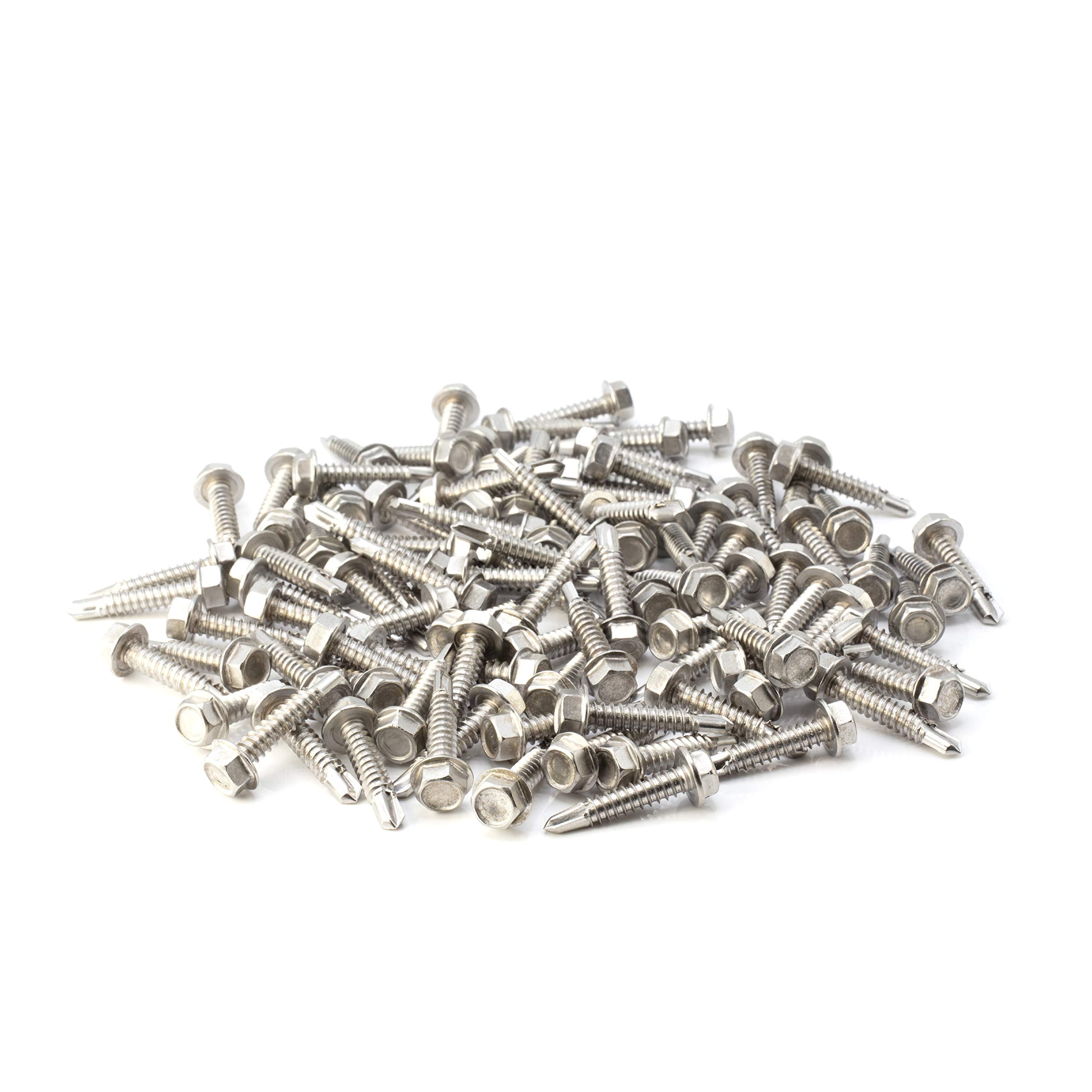#14 Size, 1 1/4" Length (32mm) - Self Tapping Screw - Self Drilling Screw - 410 Stainless Steel Screws = Exceptional Wear and Very Corrosion Resistant) - Hex Washer Head - 100pcs