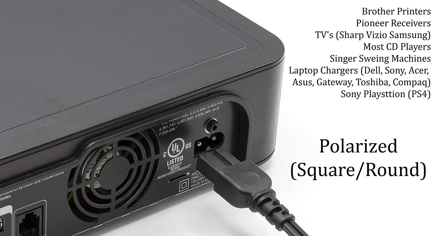 2 Prong AC Power Cord Cable |Polarized 6 Foot – Black| Satellite CATV PS3 + Xbox