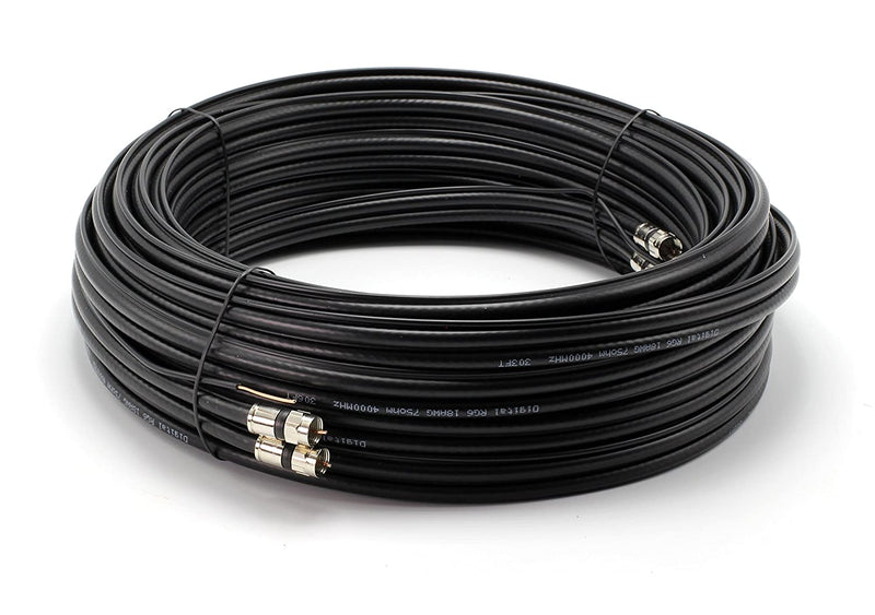 100ft Dual with Ground RG6 Coaxial Twin Coax Cable (Siamese Cable) with 18AWG Copper Ground Wire, Satellite, Antenna & CATV Quality Compression Connectors, Black