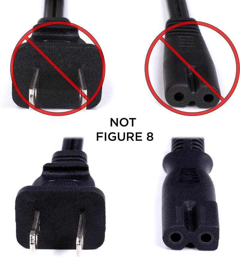 Polarized 2 Prong Power Cord with Copper Wire Core - (Square/Round) for Satellite, CATV, Game Systems, and More -  NEMA 1-15P to C7 C8 / IEC320 - UL Listed - Black, 8 Feet (2.4 Meter) Power Cable