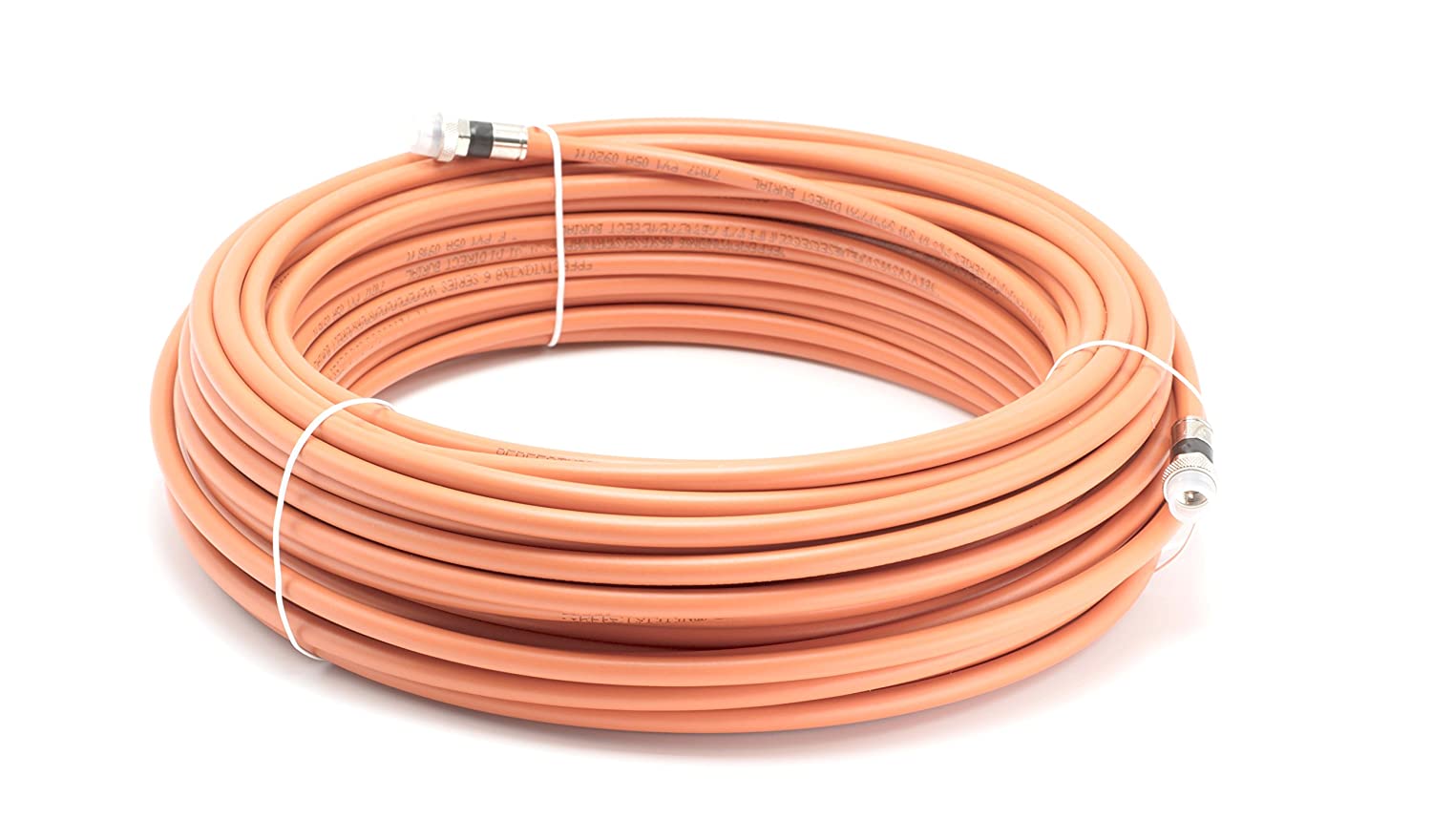 100 Feet (30 Meter) - Direct Burial Coaxial Cable 75 Ohm RF RG6 Coax Cable, with Rubber Boots - Outdoor Connectors - Orange - Solid Copper Core - Designed Waterproof and can Be Buried