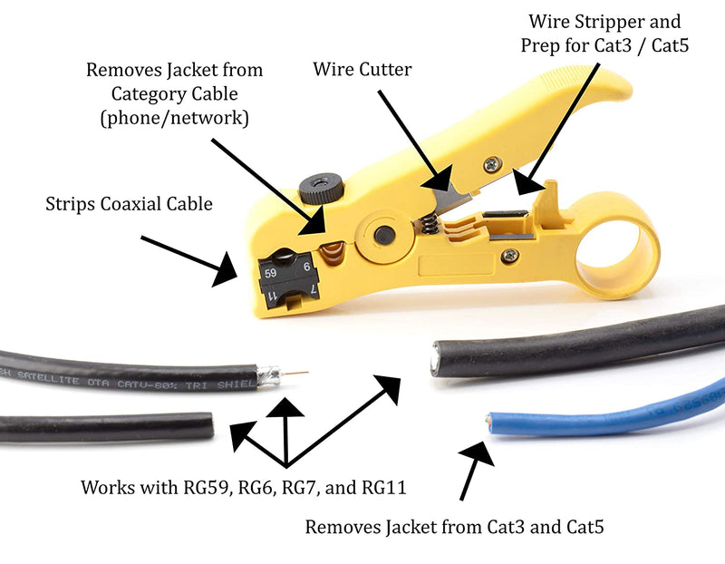 Premium Coaxial Cable Cutter/Prepping Tool for RG59, RG6, RG7, and RG11 - Stripping Tool for Category Cable- CAT6 CAT5 CAT3 Stripper - Universal for coaxial and cat wire