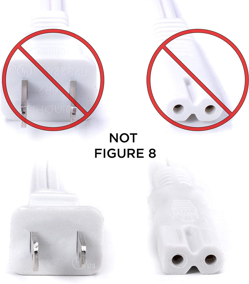 Polarized 2 Prong Power Cord with Copper Wire Core - (Square/Round) for Satellite, CATV, Game Systems, and More -  NEMA 1-15P to C7 C8 / IEC320 - UL Listed - White, 4 Feet (1.2 Meter) Power Cable