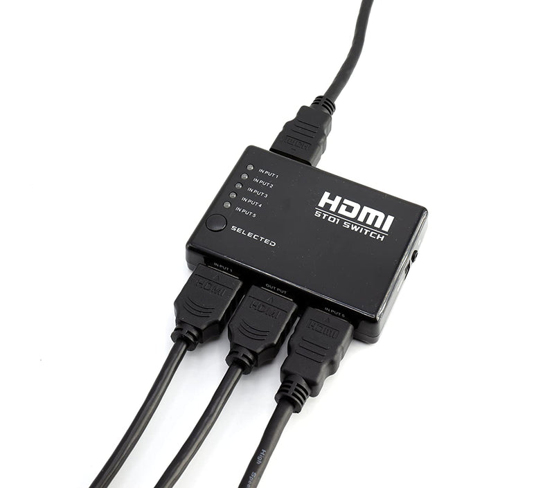 5 Port HDMI Switcher - Intelligent 5 Port 5x1 High Speed HDMI Switch with IR Wireless Remote, Power Adapter and HDMI Cable - 4K 3D 1080P (Black)