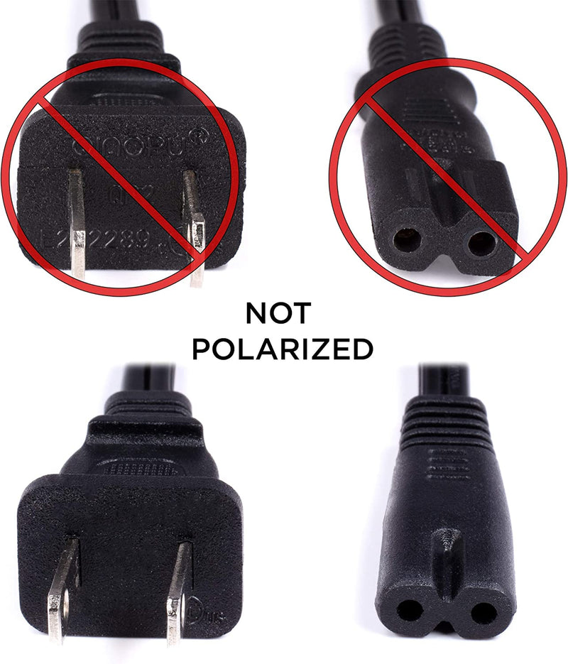 Figure 8 Power Cord (2 Prong) with Copper Wire Core - Non Polarized for Satellite, CATV, Game Systems, and More - NEMA 1-15P to C7 C8 / IEC 320 - UL Listed - Black, 4 Feet (1.2 Meter) Power Cable