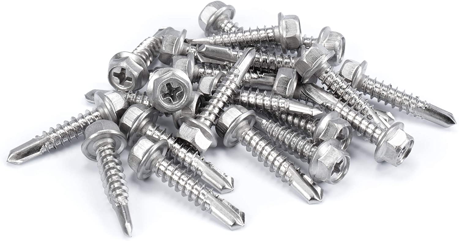 #12 Size, 1" Length (25mm) - Self Tapping Screw -- Self Drilling Screw - 410 Stainless Steel Screws = Exceptional Wear and Very Corrosion Resistant) - Hex and Phillips Head - 100pcs